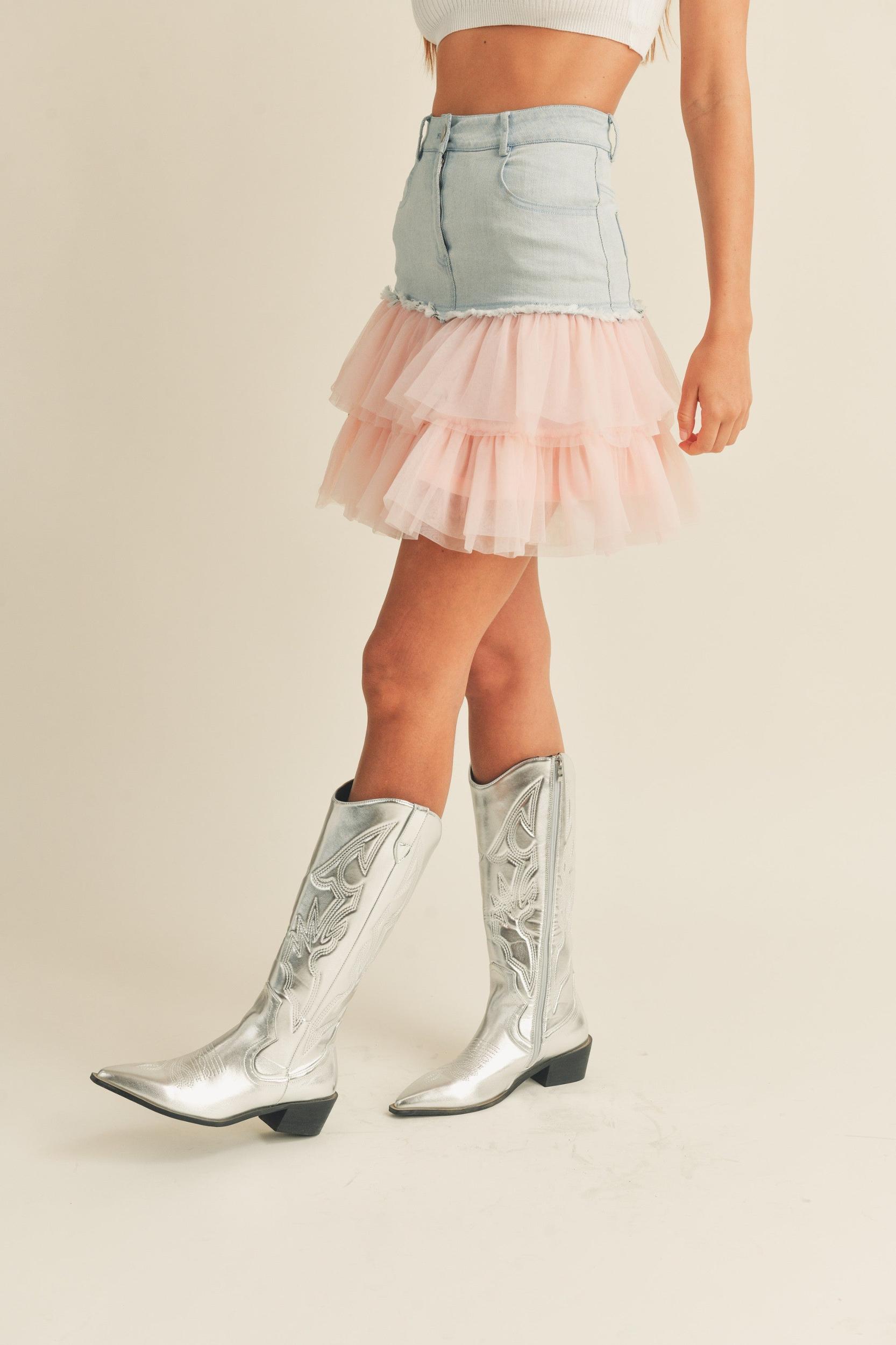 Denim Mini Skirt with Tulle Product Image