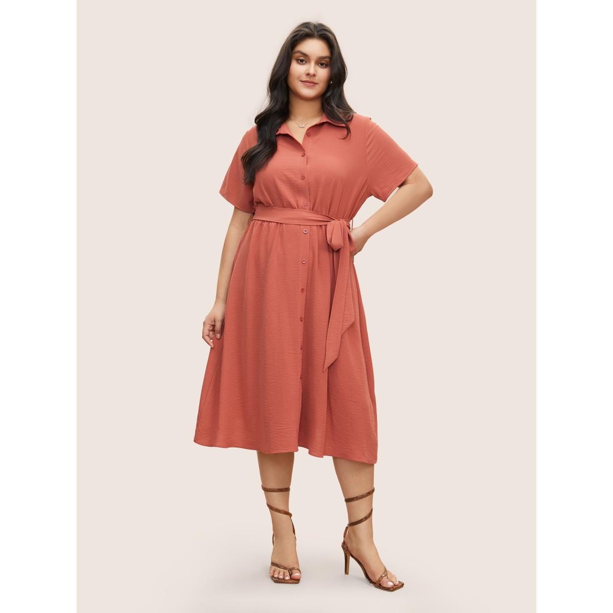 Plus Size Shirt Collar Button Through Belted Crepe Dress Rust Women At the Office Non Shirt collar Short sleeve Curvy Midi Dress BloomChic 12/L Product Image