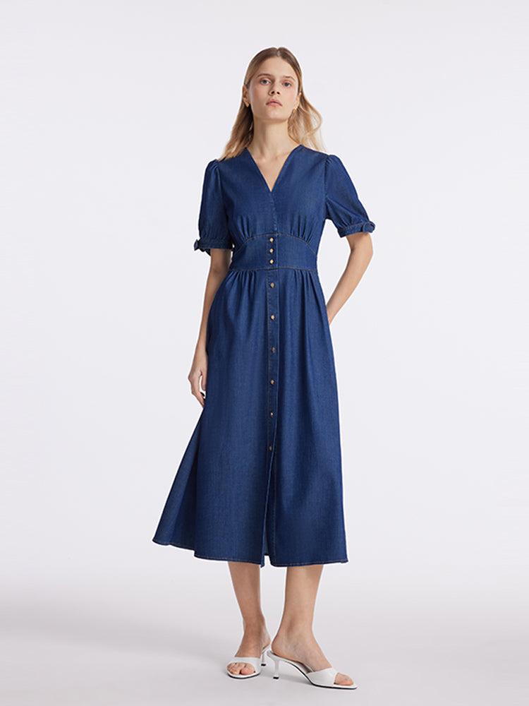 Gathered Waist Denim Women Midi Dress Product Image