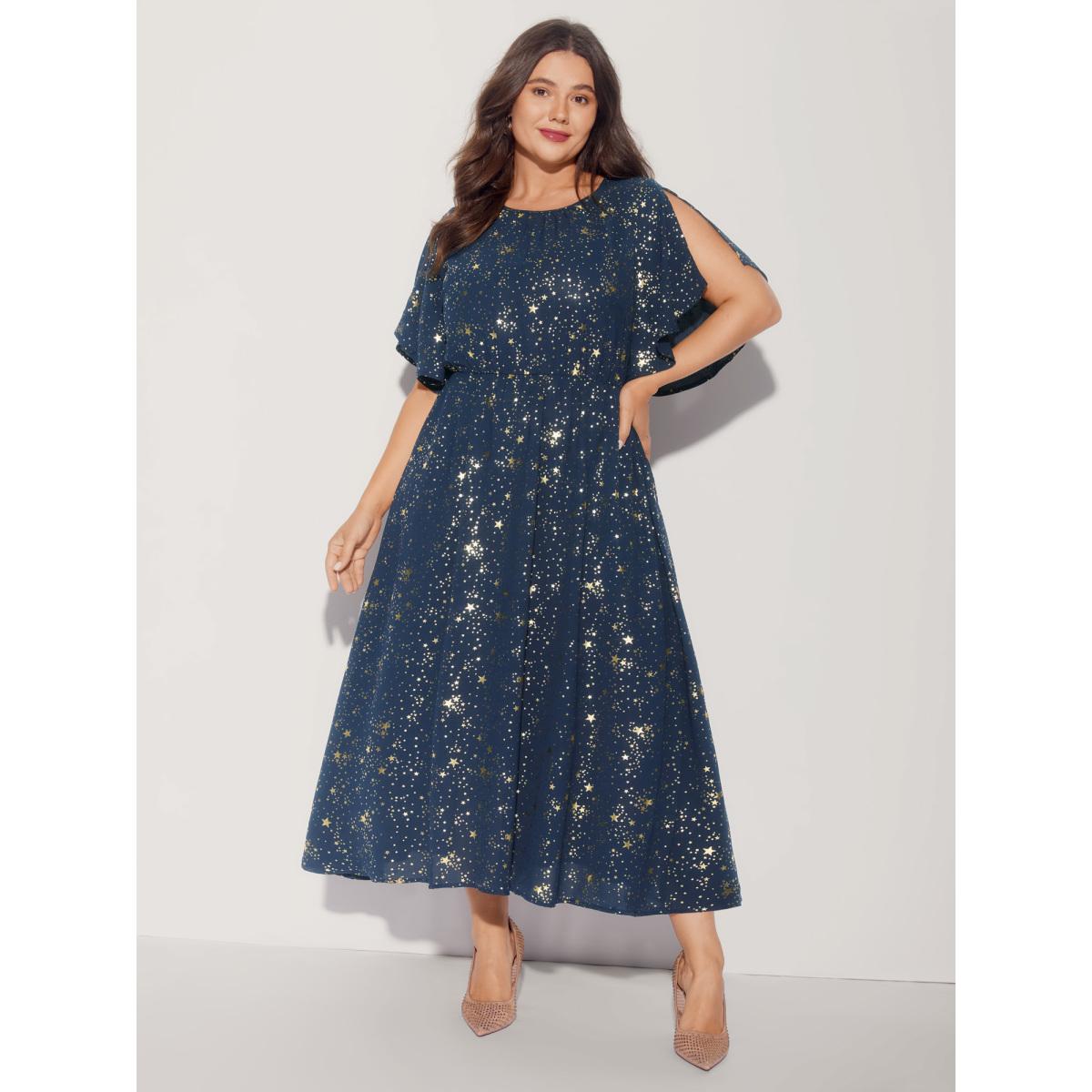 Plus Size Glitter Star Split Sleeve Midi Dress DarkBlue Women Timeless Gathered Round Neck Short sleeve Curvy BloomChic 18-20/2X Product Image
