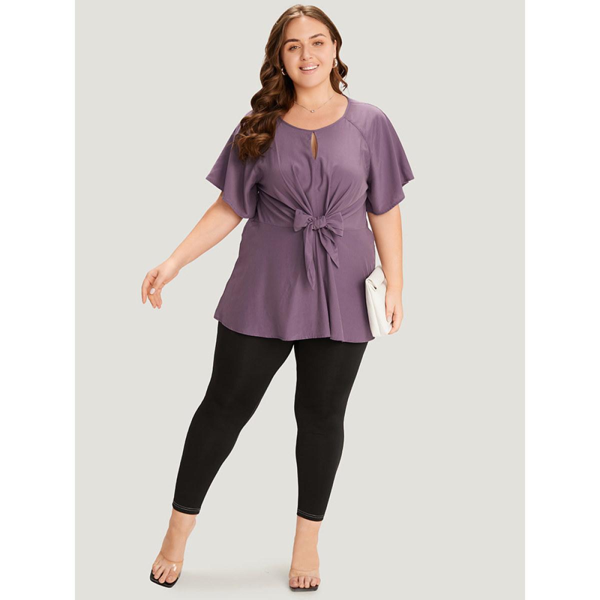 Plus Size Mauve Supersoft Essentials Plain Keyhole Twist Front Ruffle Blouse Women Elegant Short sleeve Round Neck Dailywear Blouses BloomChic 26/4X Product Image