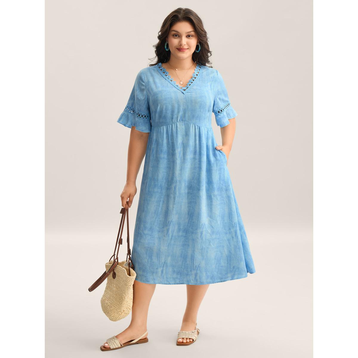 Plus Size Color Blend Lace Trim Pockets Midi Dress Stone Women V-neck Short sleeve Curvy BloomChic 10/M Product Image