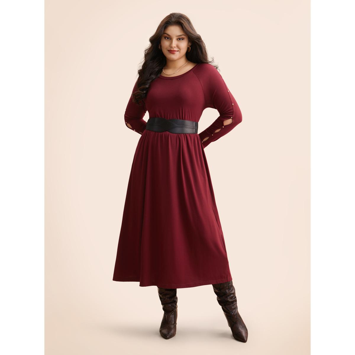Plus Size Pearl Beaded Cut Out Midi Dress Burgundy Women Elegant Beaded Round Neck Long Sleeve Curvy BloomChic 10/M Product Image