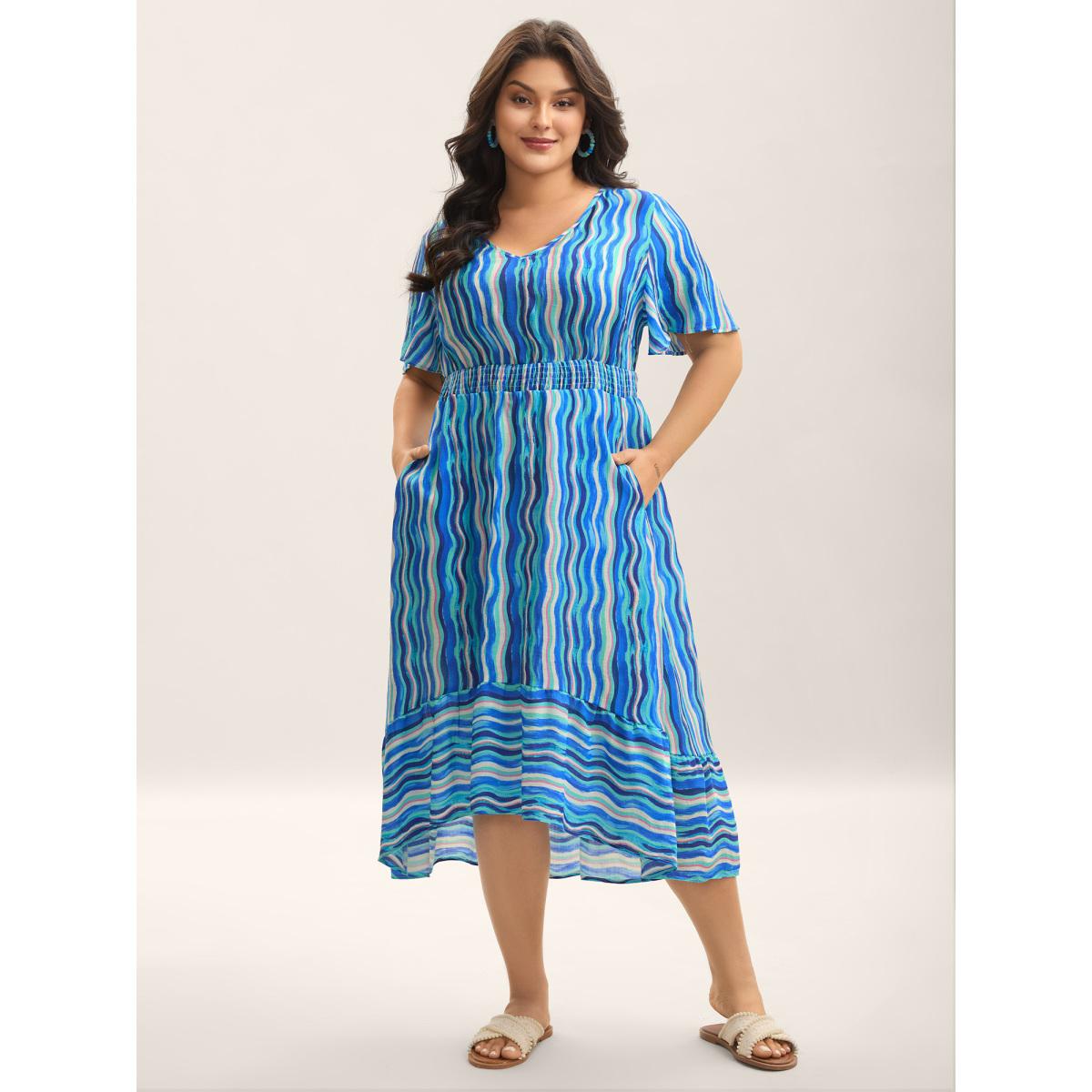 Plus Size Nautical Waves Shirred Waist Midi Dress Cerulean Women V-neck Short sleeve Curvy BloomChic 30/6X Product Image