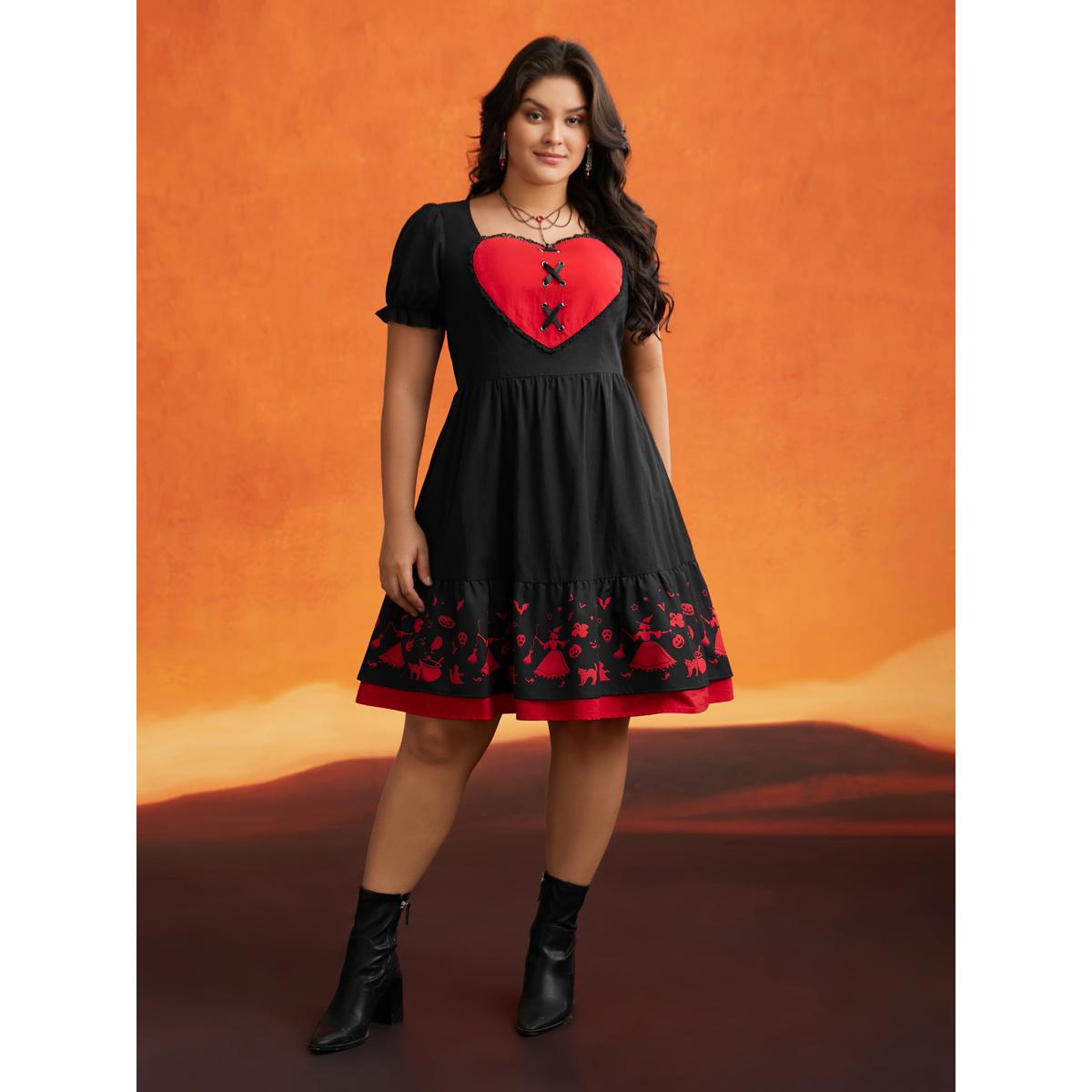 Plus Size Sweet Romance Heart Motif Midi Dress Black Women Cocktail Wraparound straps Party Curvy Bloomchic 12/L Product Image