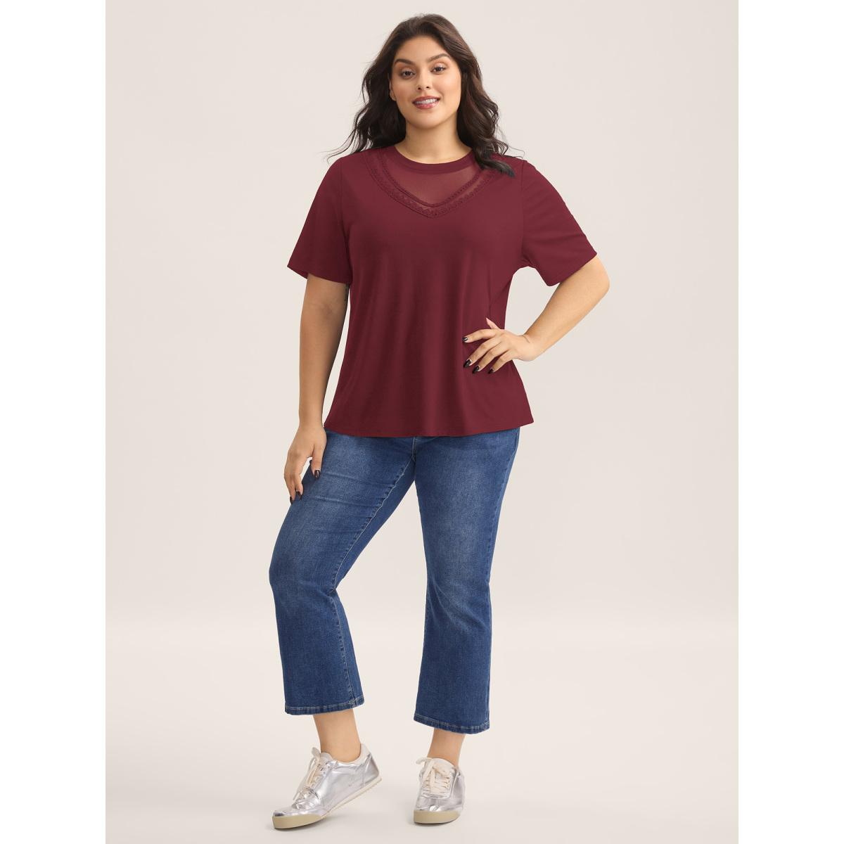 Plus Size Sheer Neck Solid Panel T-Shirt Burgundy Women Woven ribbon&lace trim Round Neck Everyday-Casual T-shirts BloomChic 28/5X Product Image