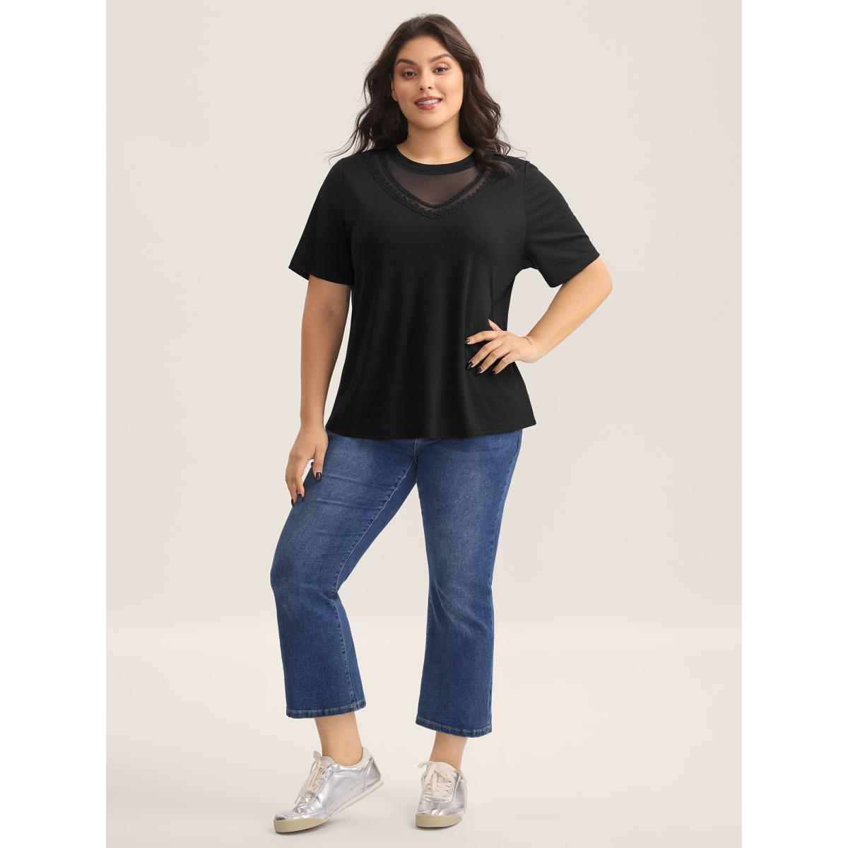 Plus Size Sheer Neck Solid Panel T-Shirt Black Women Leisure Woven ribbon&lace trim Round Neck Casual T-shirts BloomChic 28/5X Product Image
