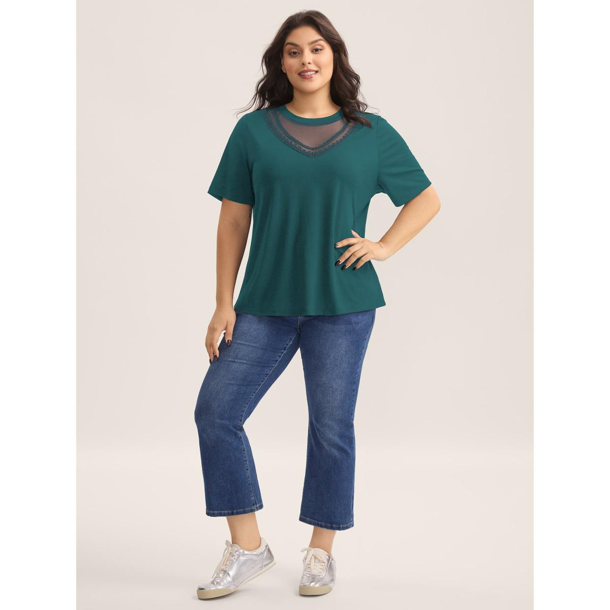 Plus Size Sheer Neck Solid Panel T-Shirt Aegean Women Leisure Woven ribbon&lace trim Round Neck Casual T-shirts BloomChic 10/M Product Image