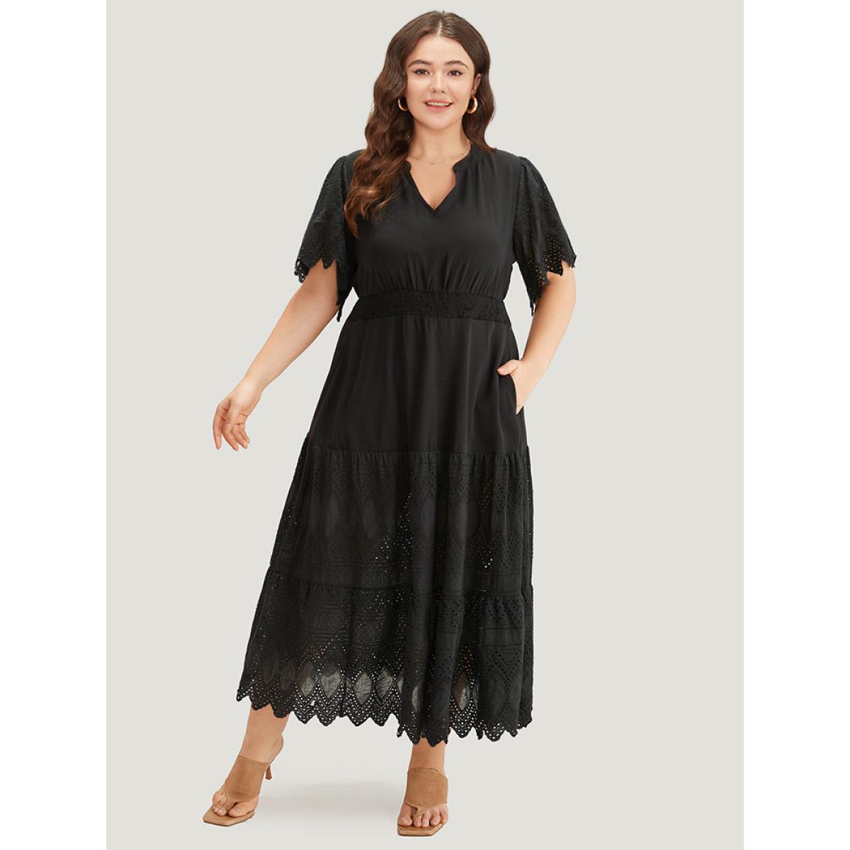 Plus Size Solid Laser Cut Pocket Notched Dress Black Women Elegant Plain Notched collar Short sleeve Curvy Midi Dress BloomChic 14-16/1X Product Image