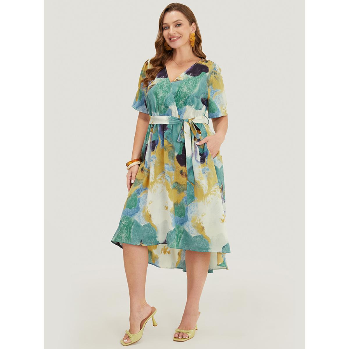 Plus Size Tie Dye Ruffle Pocket Wrap Belted High Low Dress Emerald Women Elegant Wrap V-neck Short sleeve Curvy Midi Dress BloomChic 10/M Product Image