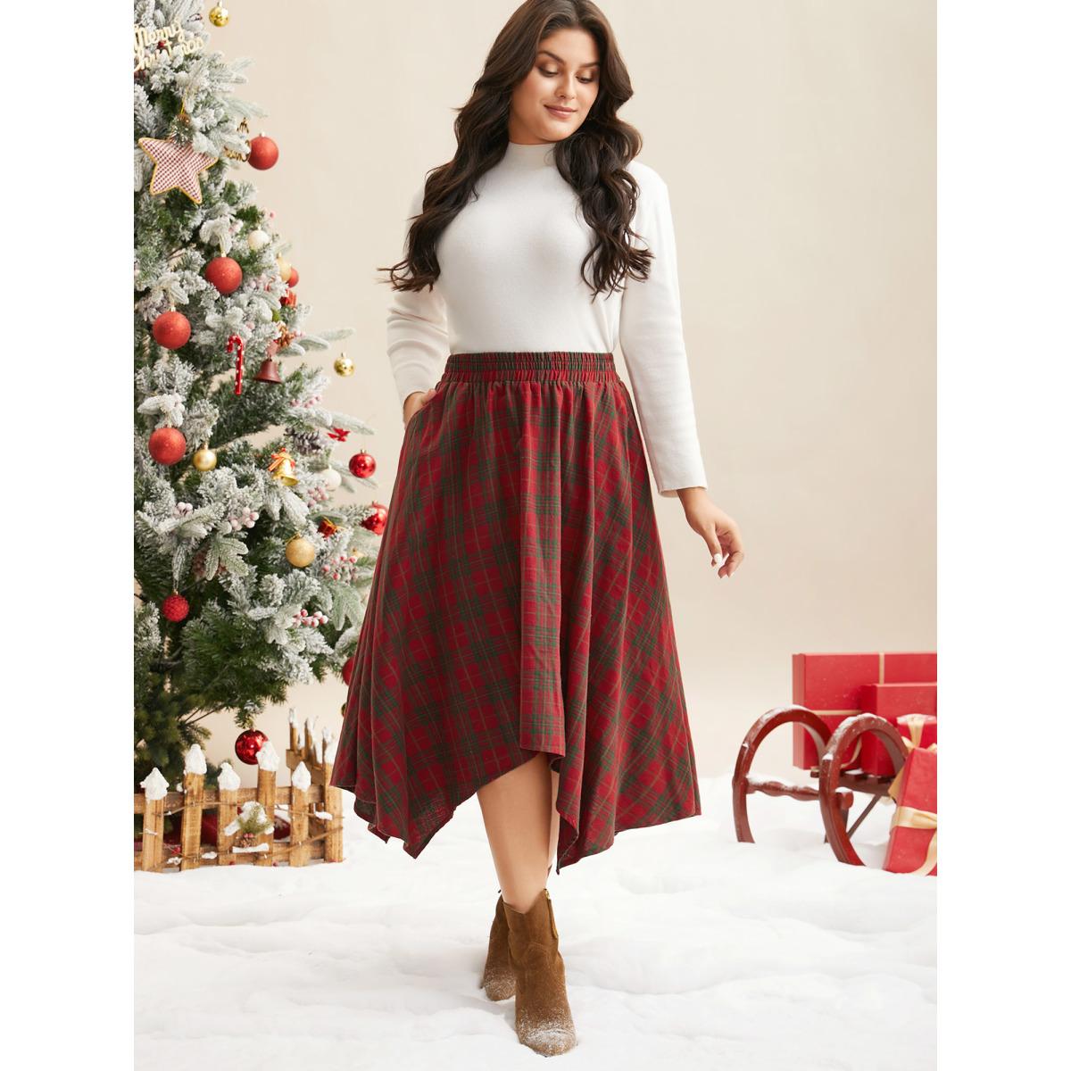 Plus Size Plaid Pattern Asymmetrical Hemline Midi Skirt Women Crimson Elegant Asymmetrical Loose No stretch Slanted pocket Everyday Skirts BloomChic 30/6X Product Image