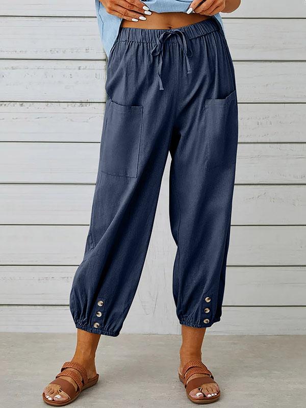 High Waisted Loose Buttoned Drawstring Elasticity Pockets Split-Joint Ninth Pants Trousers Product Image