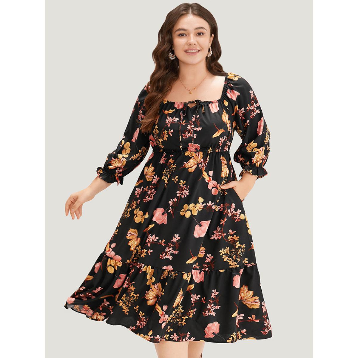 Plus Size Floral Print Bowknot Flutter Trim Tiered Dress Black Women Elegant Gathered Square Neck Elbow-length sleeve Curvy Midi Dress BloomChic 26/4X Product Image