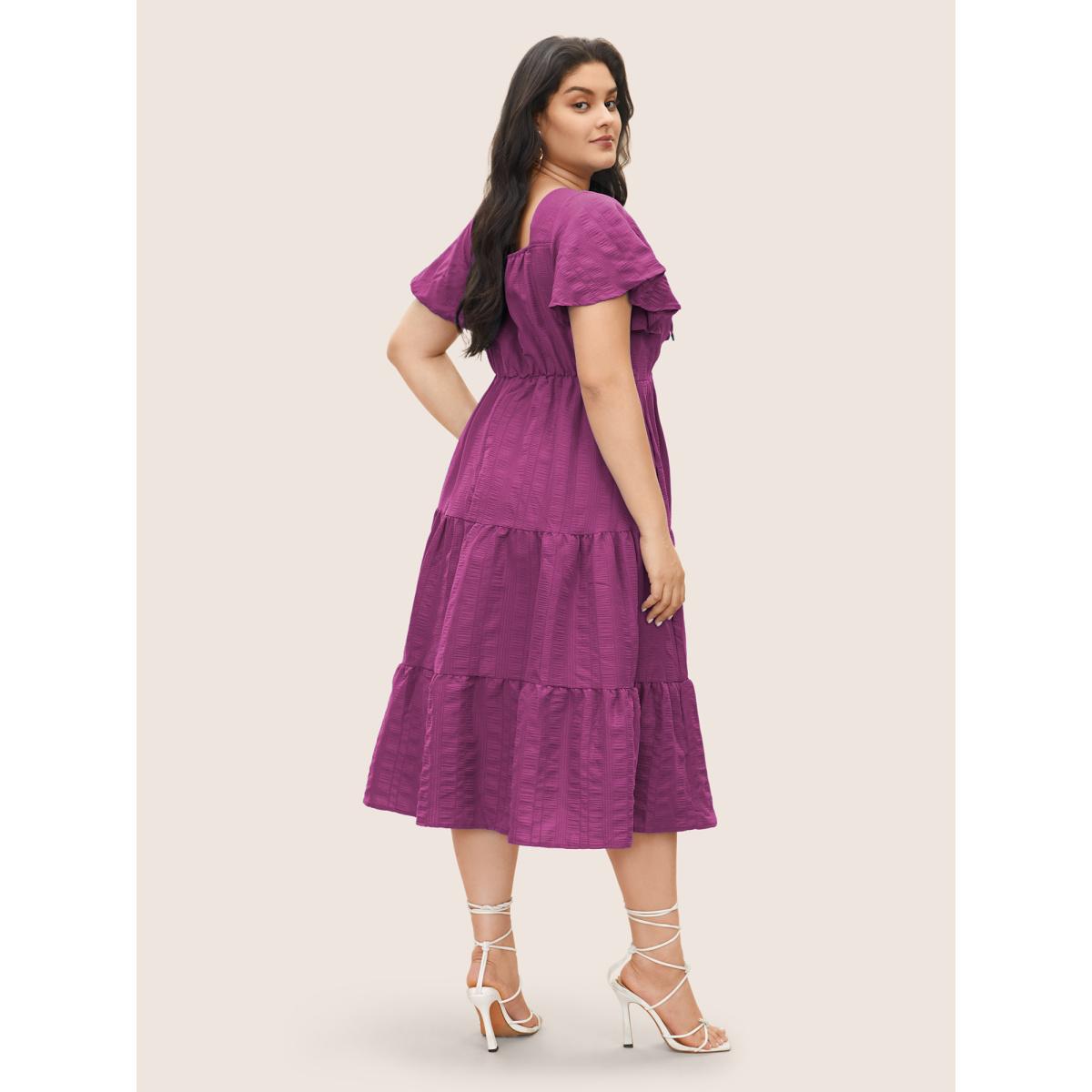 Plus Size Plain Ruched Drawstring Pocket Ruffle Tiered Dress RedViolet Women Elegant Non V-neck Short sleeve Curvy Midi Dress BloomChic 18-20/2X Product Image