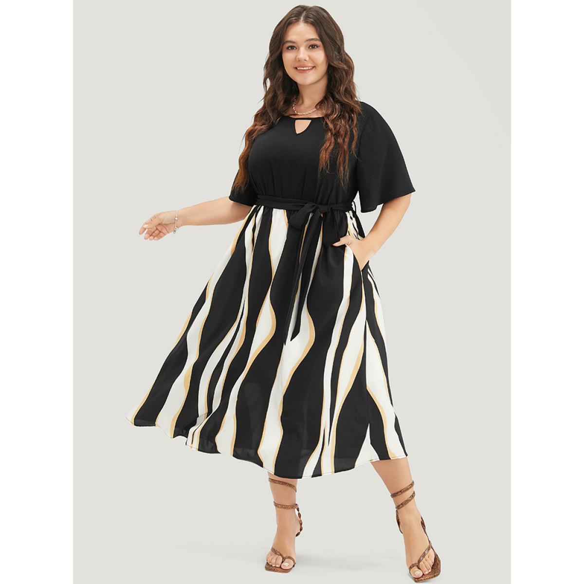 Plus Size Striped Patchwork Ruffle Sleeve Pocket Belted Keyhole Dress Black Women Office Lined Keyhole Cut-Out Short sleeve Curvy Midi Dress BloomChic 26/4X Product Image