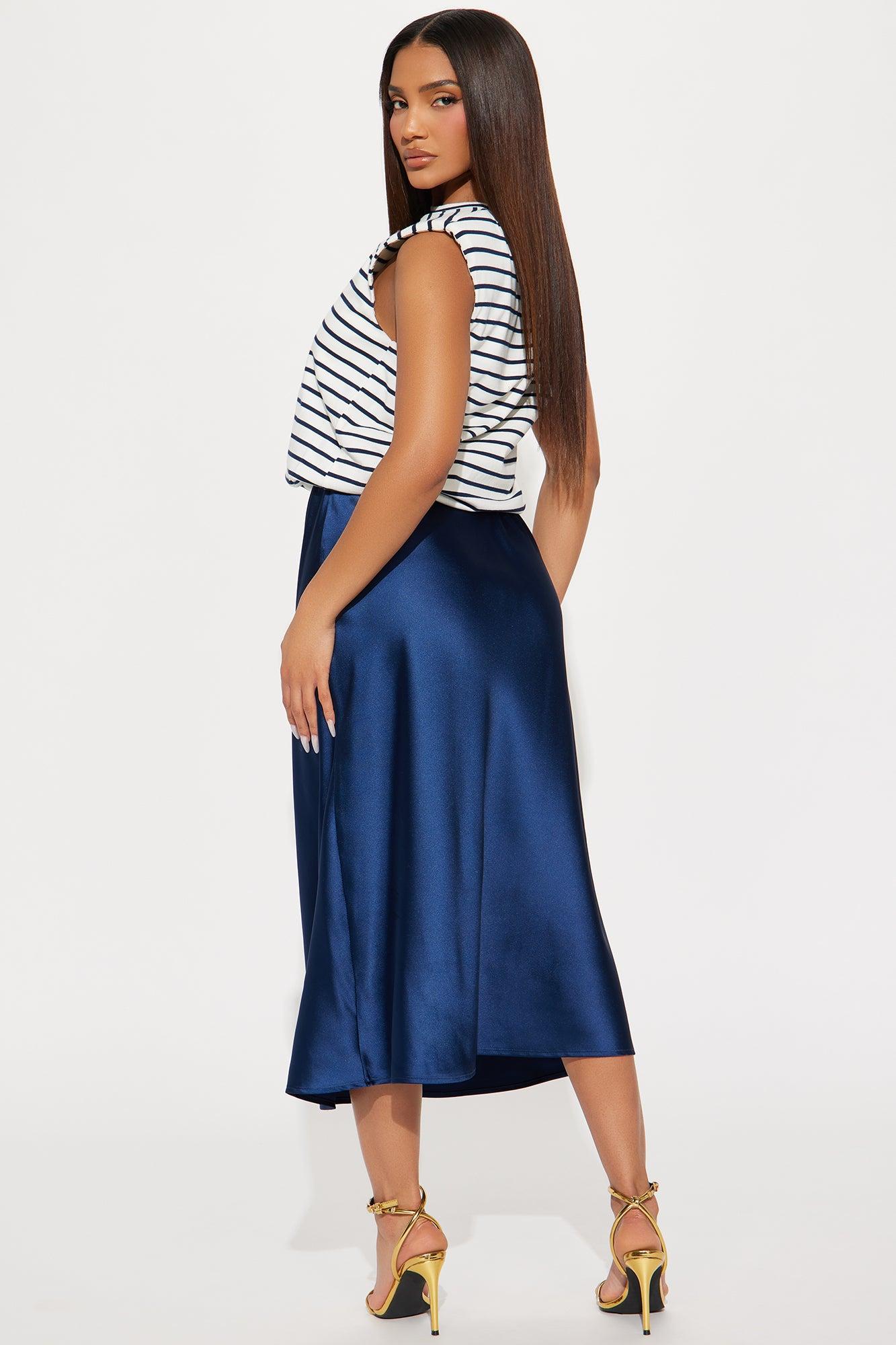 Sweet Lady Satin Midi Dress - Navy Product Image