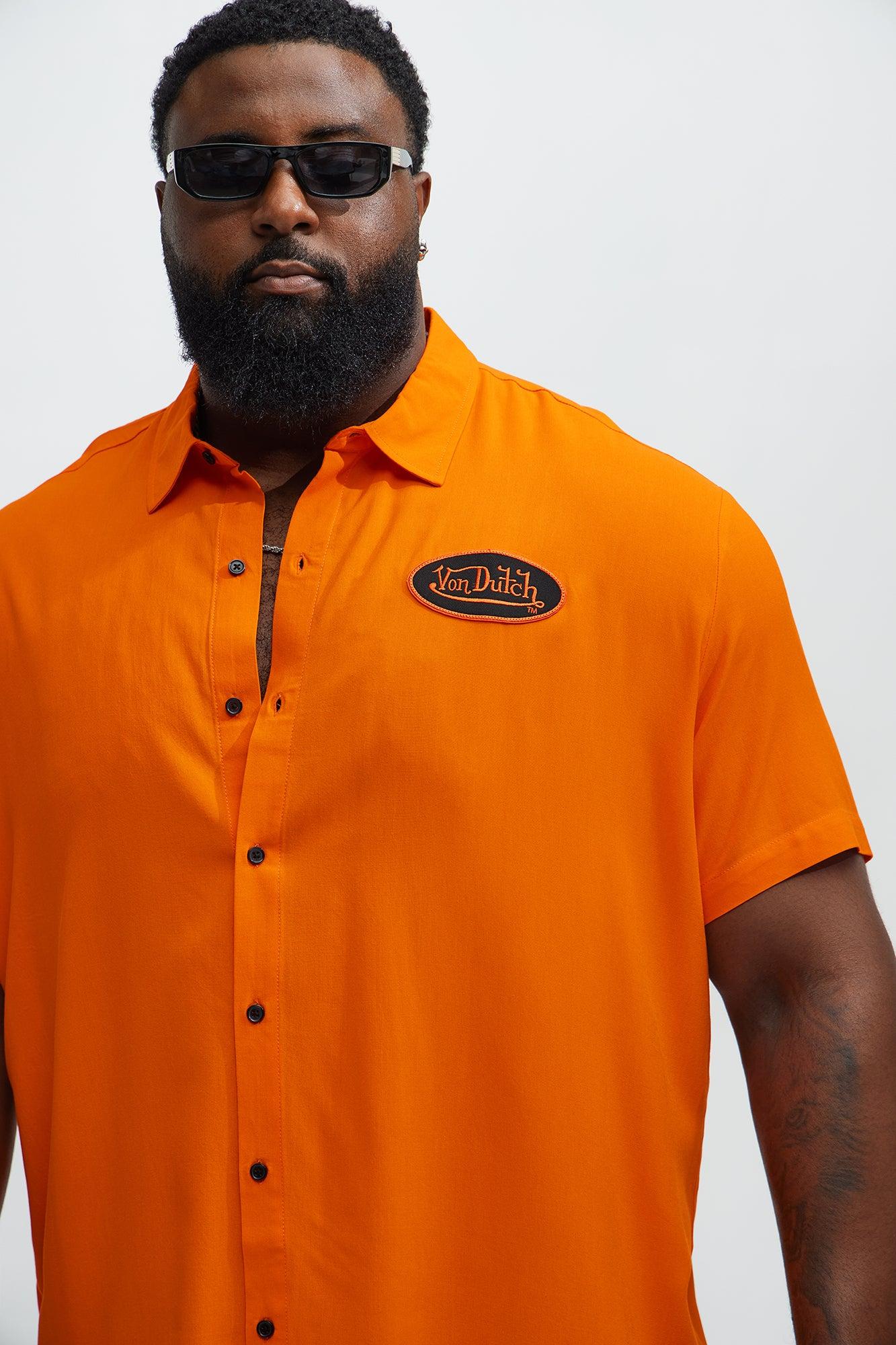 Von Dutch Front And Back Graphic Short Sleeve Button Up Shirt - Orange Male Product Image