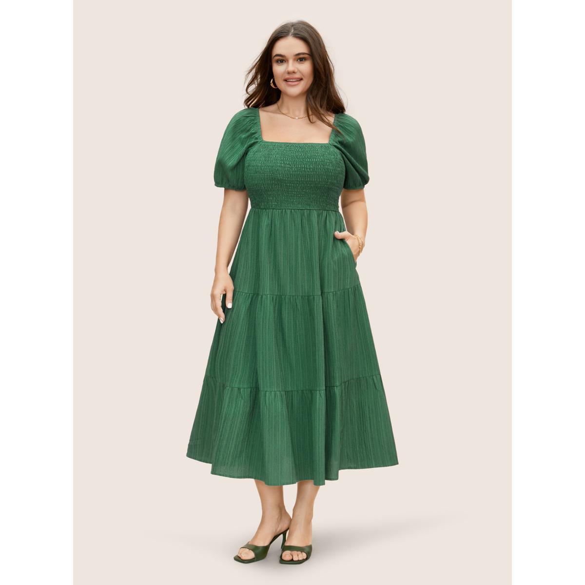 Plus Size Square Neck Texture Shirred Puff Sleeve Dress Emerald Women Elegant Texture Square Neck Short sleeve Curvy BloomChic 14-16/1X Product Image