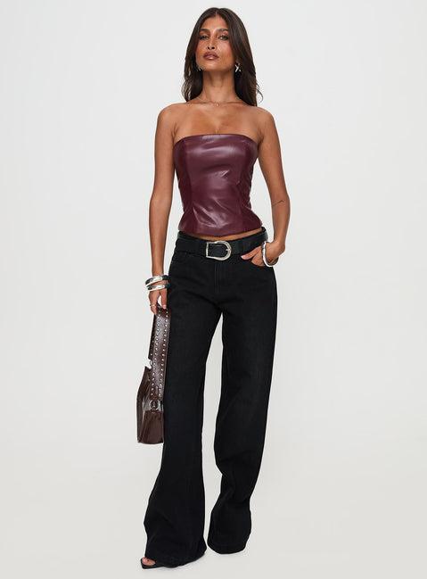 Oaklee Strapless Faux Leather Top Burgundy Product Image