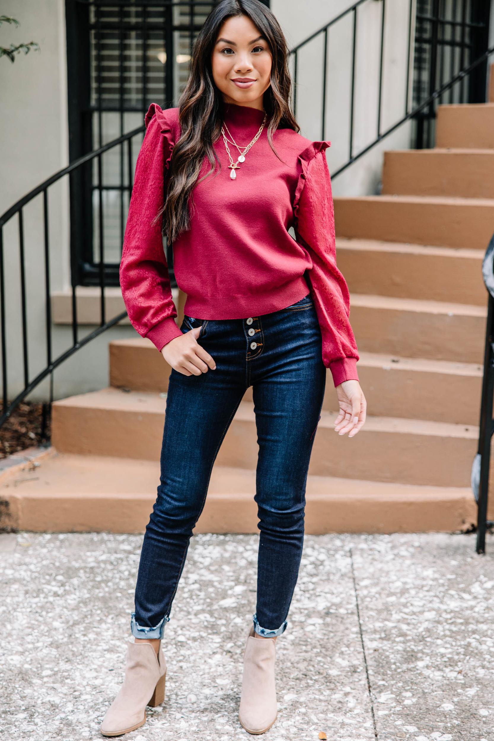 All Around The Way Wine Red Ruffled Sweater Female Product Image