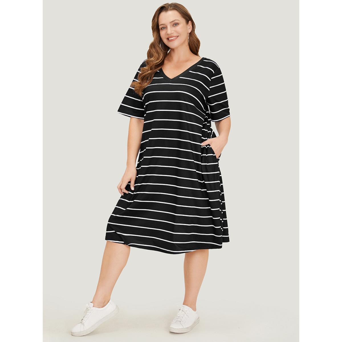 Plus Size Striped Print Pocket Flutter Crossover Back Dress Black Women Casual Cross straps V-neck Short sleeve Curvy Midi Dress BloomChic 30/6X Product Image