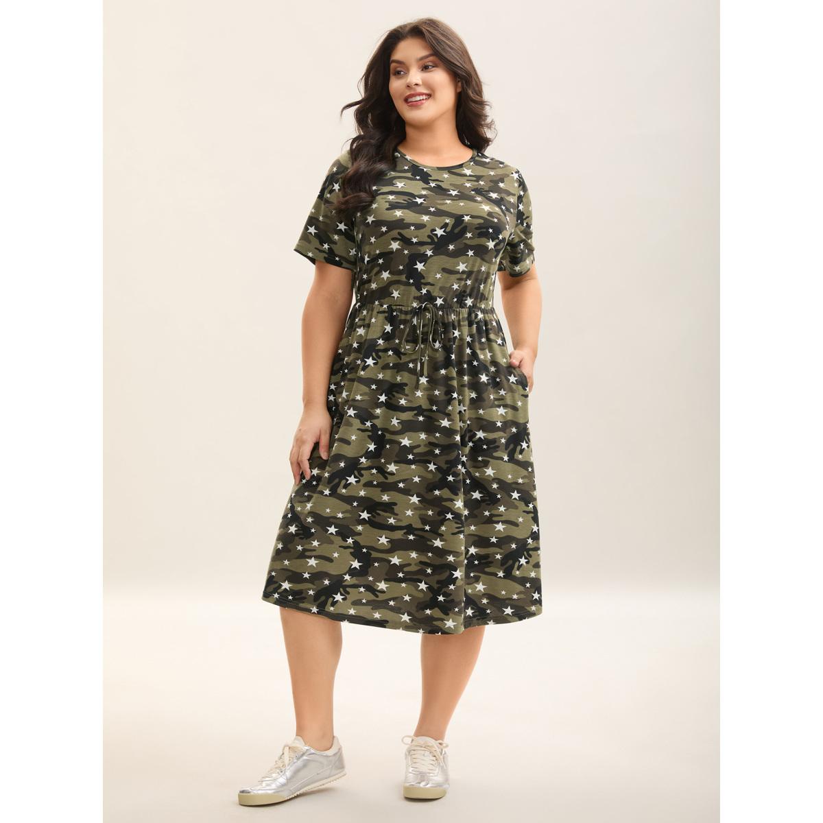 Plus Size Camouflage Print Round Neck Pockets Midi Dress Sage Women Casual Tie knot Knit Dresses Bloomchic 30/6X Product Image