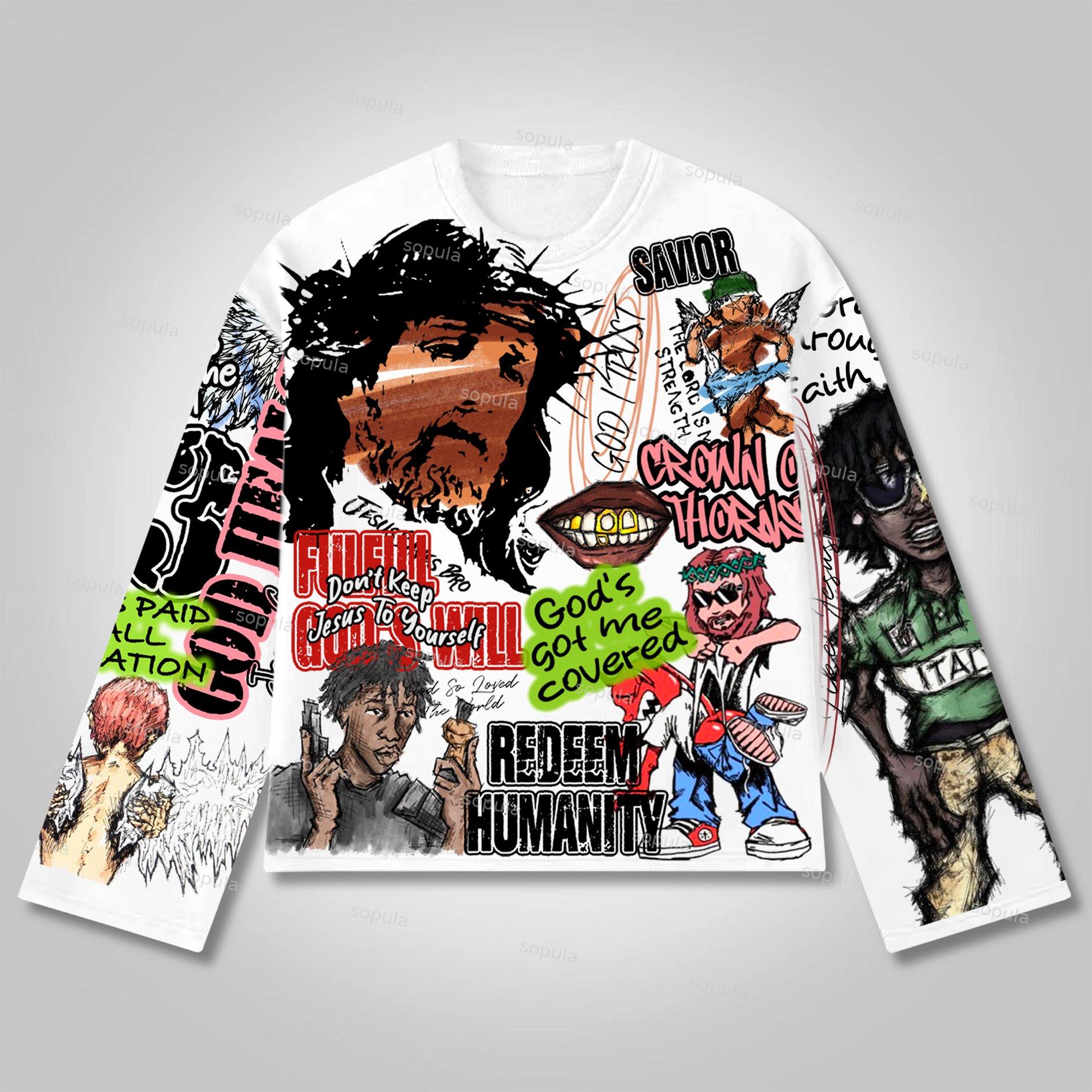 Sopula Vintage Graffiti Jesus Graphic Long Sleeve T-shirt Product Image