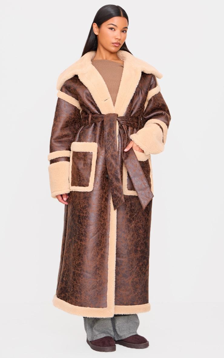 Brown Faux Leather Vintage Look Borg Coat Product Image