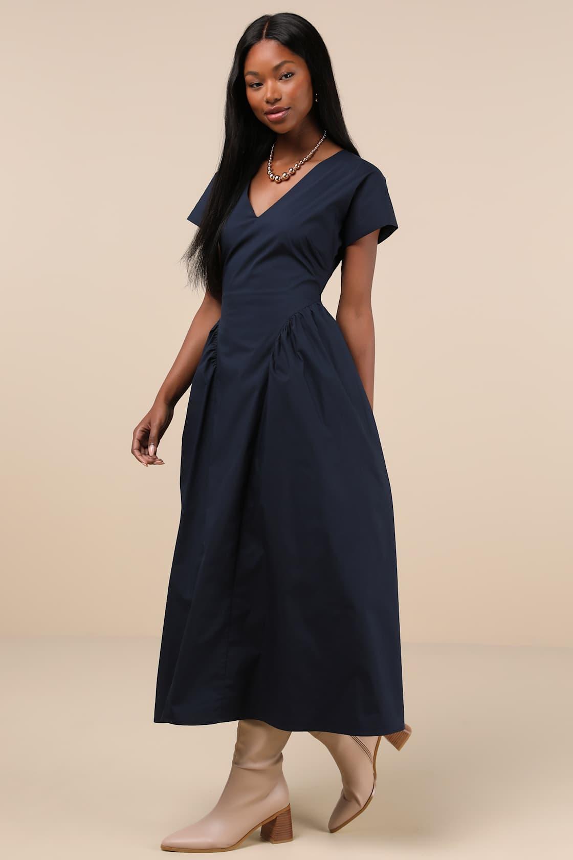 Modern Concept Navy Short Sleeve V-Neck Midi Dress With Pockets Product Image