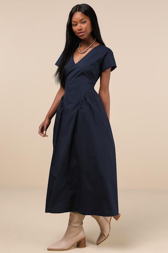 Modern Concept Navy Short Sleeve V-Neck Midi Dress With Pockets Product Image
