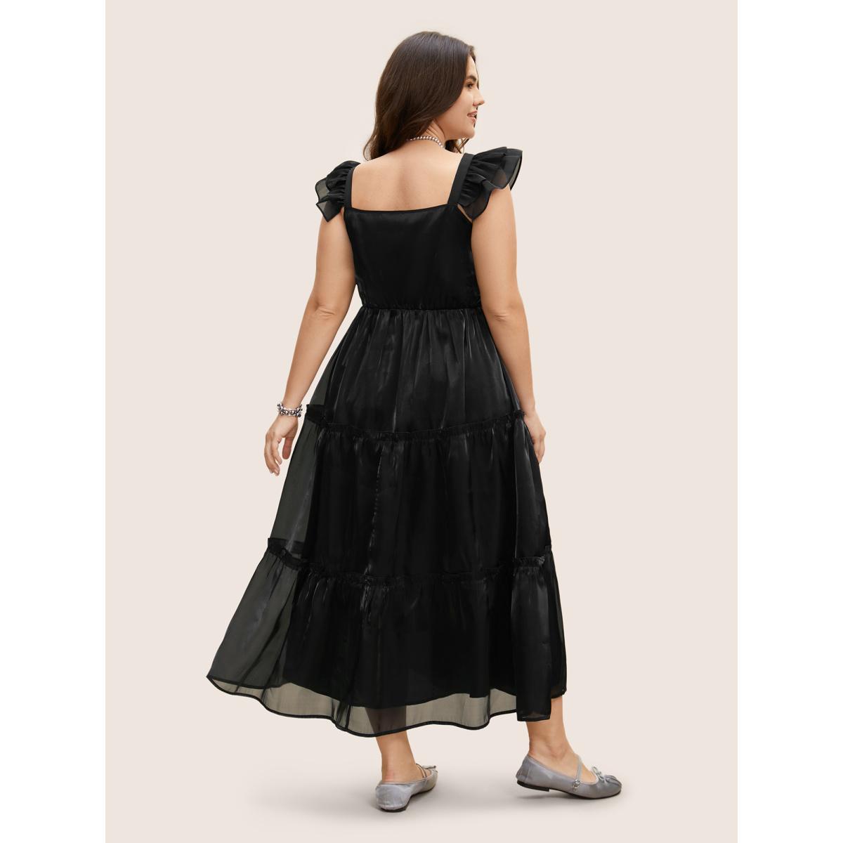 Plus Size Organza Heart Neckline Ruffle Trim Maxi Dress Black Women Formal See through Non Cap Sleeve Curvy BloomChic 22-24/3X Product Image