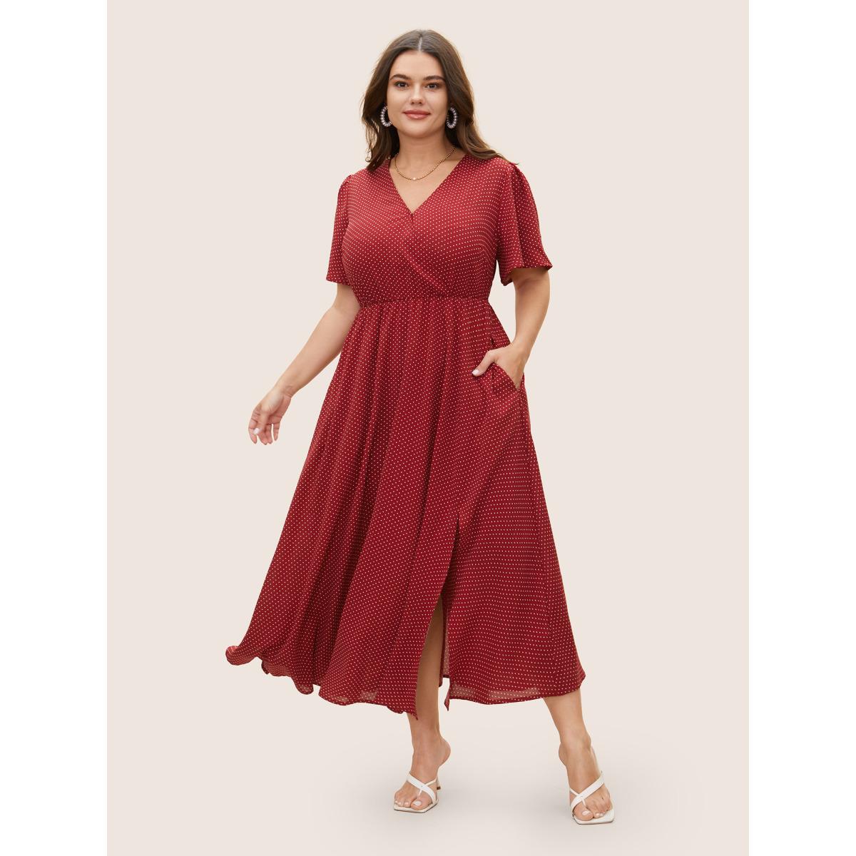 Plus Size Polka Dot Overlap Collar Split Hem Dress Scarlet Women Elegant Ruffles Overlap Collar Short sleeve Curvy BloomChic 12/L Product Image
