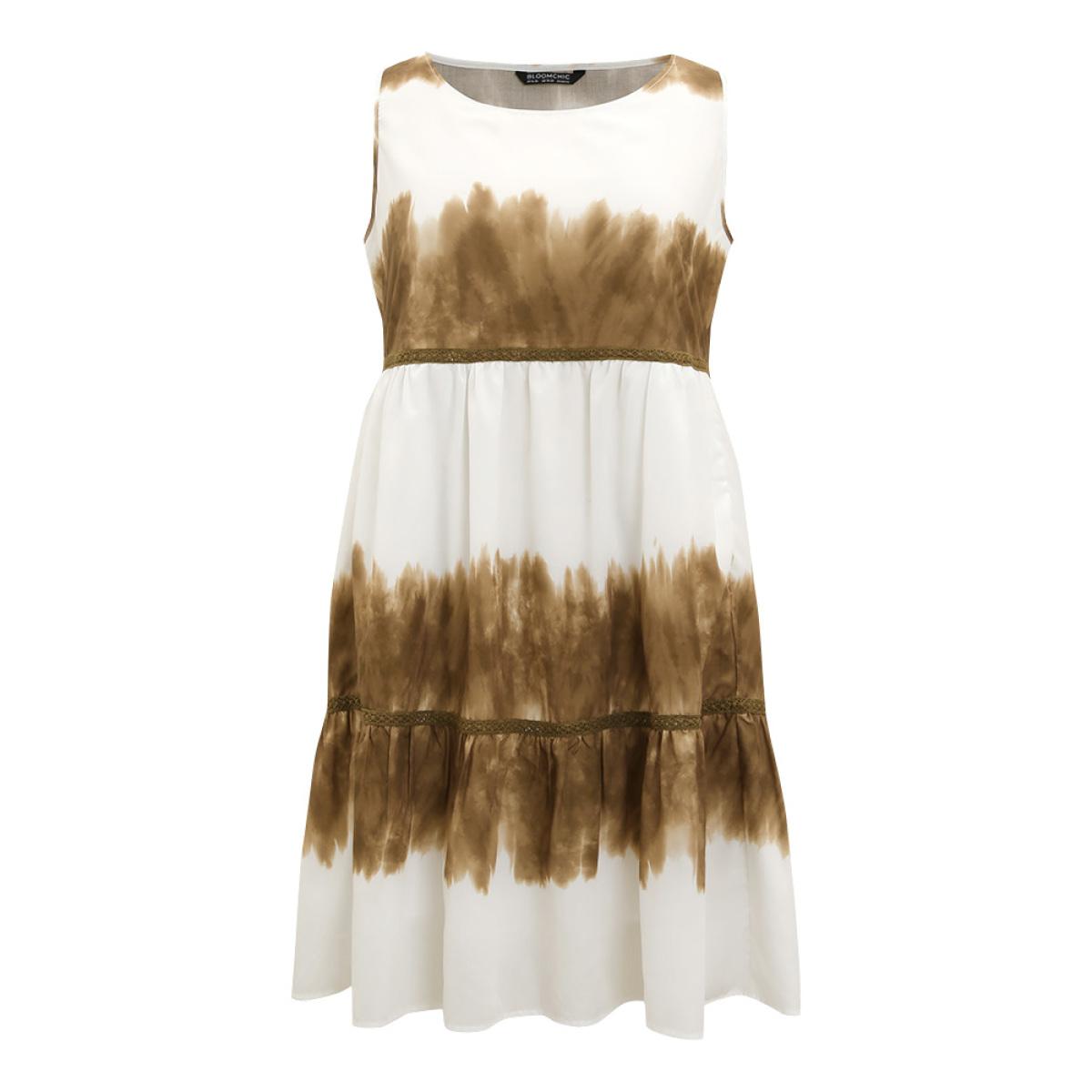 Plus Size Tie Dye Crochet Lace Ruffle Layered Hem Tank Dress Tan Women Elegant Patchwork Round Neck Sleeveless Curvy Knee Dress BloomChic 28/5X Product Image