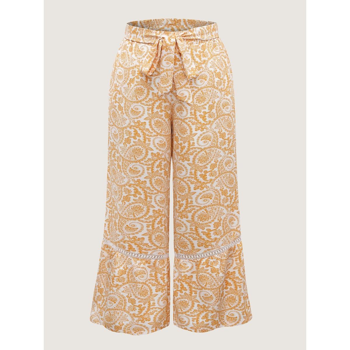 Plus Size Paisely Print Lace Trim Wide-Leg Pants Women Lightyellow Boho Wide Leg Mid Rise Vacation Pants BloomChic 26/4X Product Image