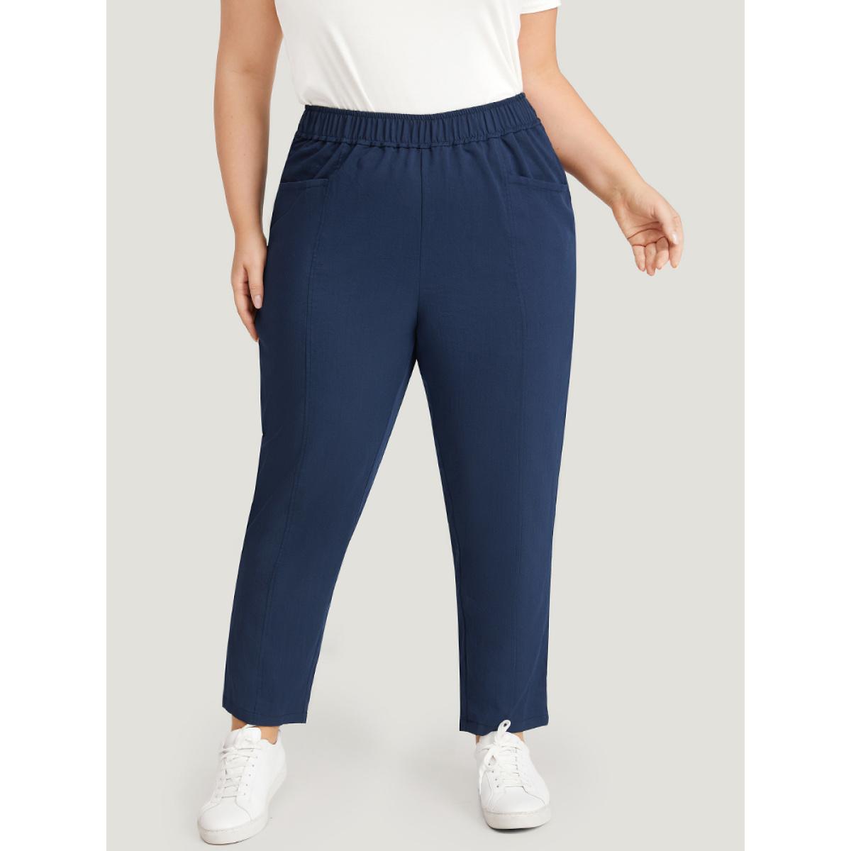 Plus Size Solid Elastic Waist Pocket High Rise Pants Women Indigo Casual High Rise Dailywear Pants BloomChic 18-20/2X Product Image