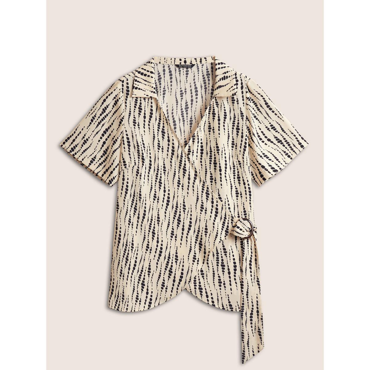 Plus Size Apricot Geometric Overlap Collar Buckle Detail Blouse Women At the Office Short sleeve Overlap Collar Work Blouses BloomChic 12/L Product Image