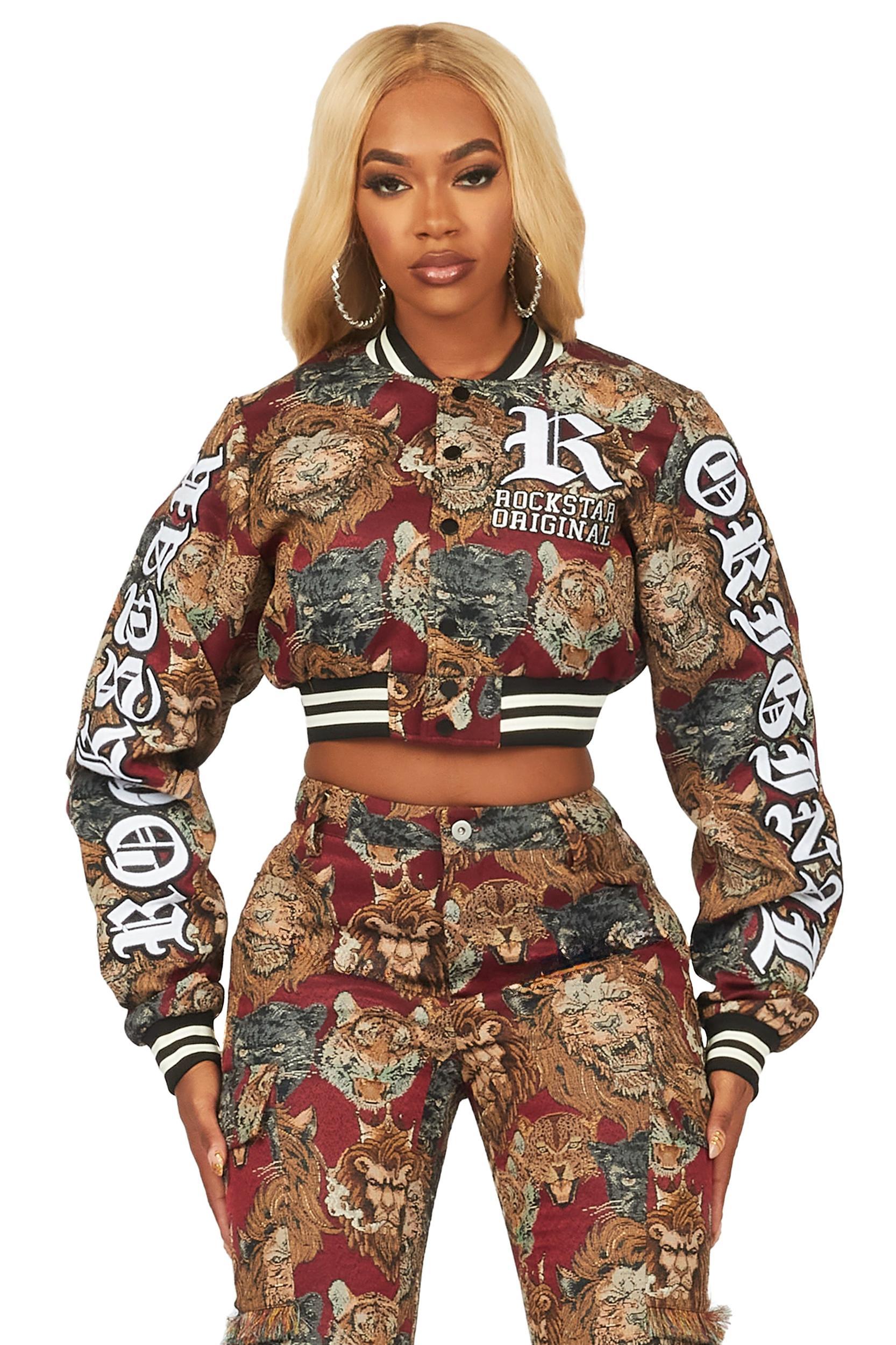 Khadiyah Red Crop Tapestry Varsity Jacket Female Product Image