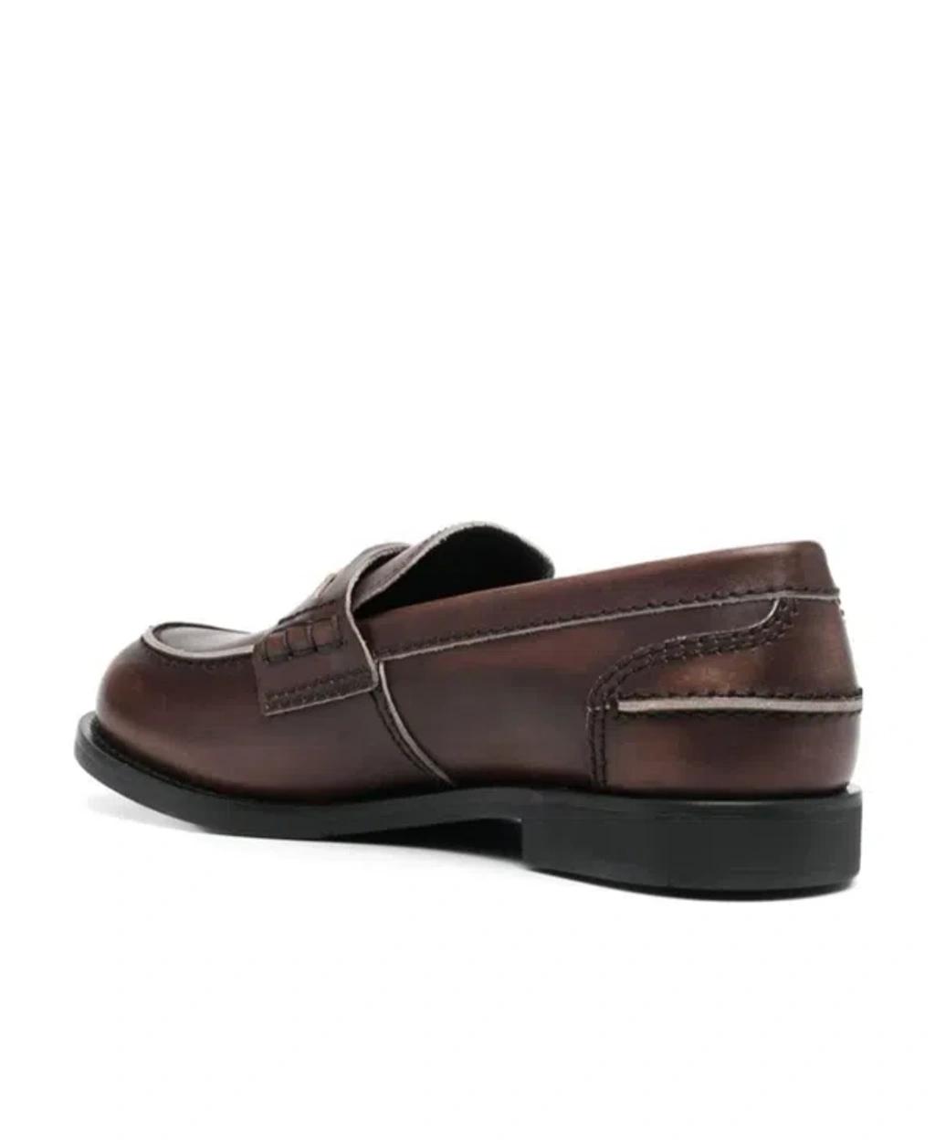 MIU MIU Leather Distressed Penny Loafers In Brown Product Image