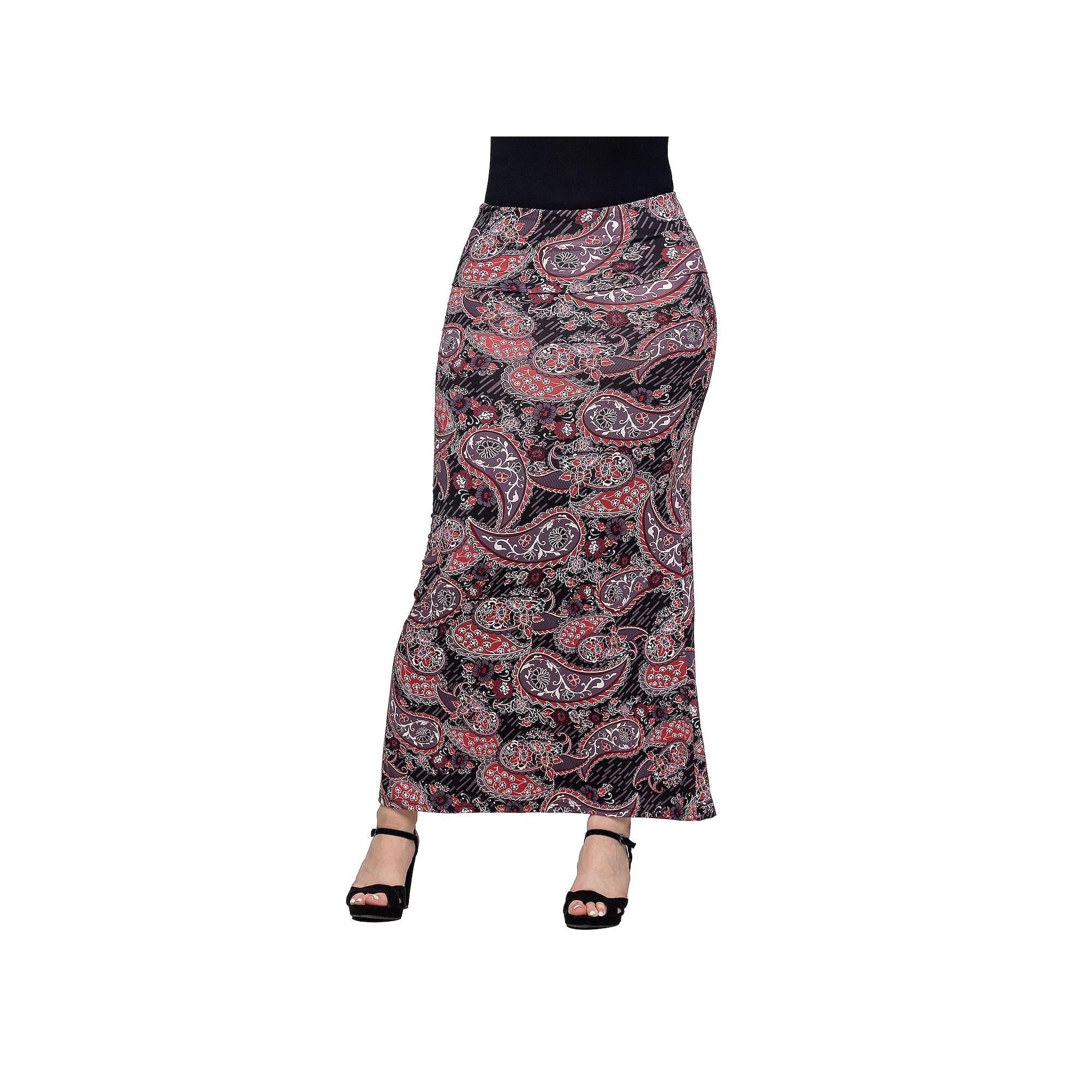 Women's 24Seven Comfort Apparel Paisley Print Fold Over Waist Maxi Skirt, Size: 1XL, Black Team Product Image