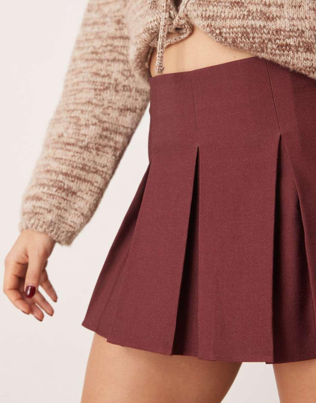 ASOS DESIGN pleated mini skirt in burgundy Product Image