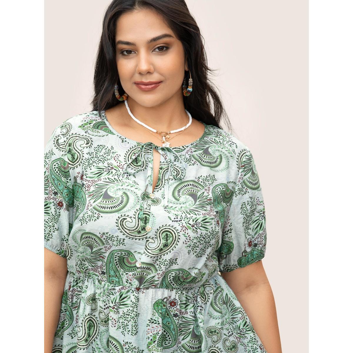Plus Size Arctic Paisley Print Knot Elastic Waist Blouse Women Resort Short sleeve V-neck Vacation Blouses BloomChic 12/L Product Image