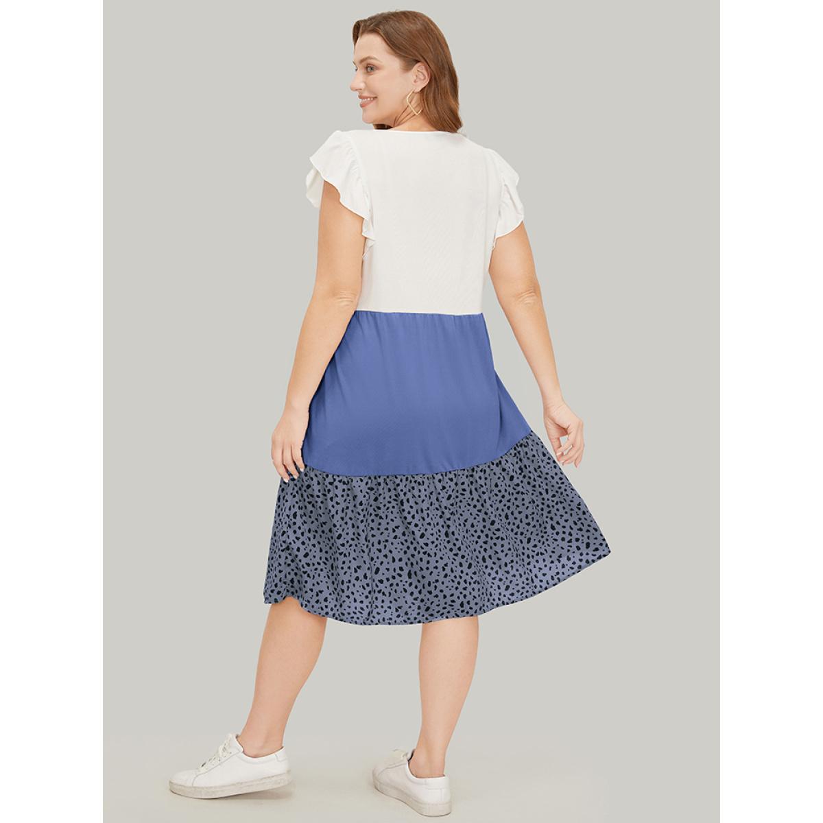 Plus Size Leopard Contrast Ruffle Trim Pocket Layered Hem Dress Stone Women Casual Patchwork Round Neck Cap Sleeve Curvy Midi Dress BloomChic 18-20/2X Product Image