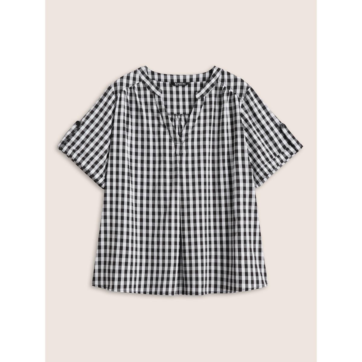 Plus Size Black Gingham Gathered Notched Tab Sleeve Blouse Women Casual Sleeveless Notched collar Everyday Blouses BloomChic 14-16/1X Product Image
