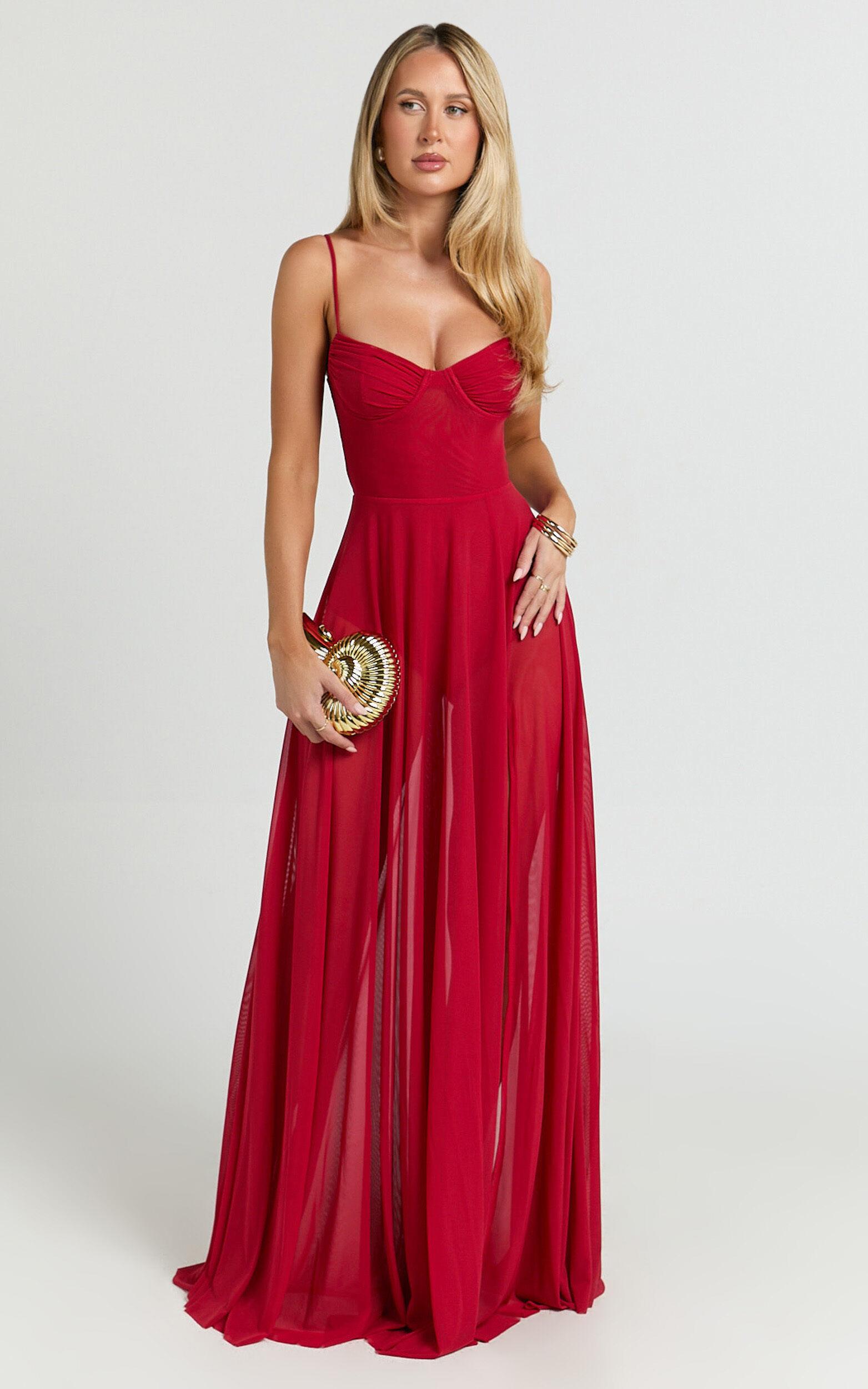 Kreanna Maxi Dress - Adjustable Strap Ruched Bodice Fit And Flare Dress in Red Product Image