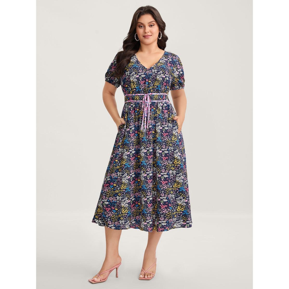 Plus Size Rayon Floral Print Contrast Pockets Midi Dress Indigo Women V-neck Short sleeve Curvy BloomChic 12/L Product Image