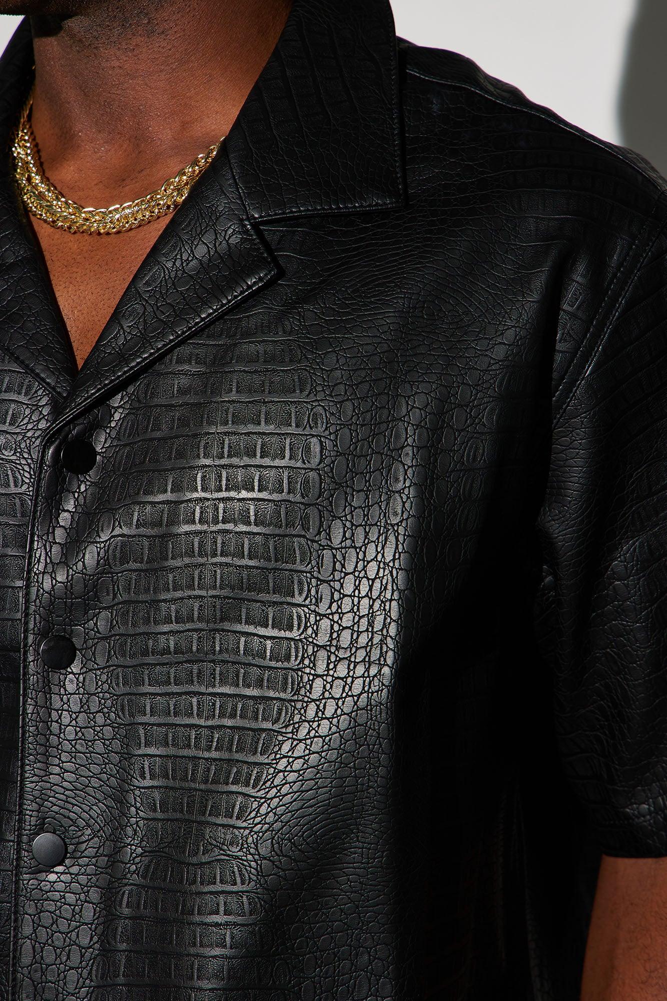 Gotta Run Faux Croc Leather Cropped Button Up Shirt - Black Product Image