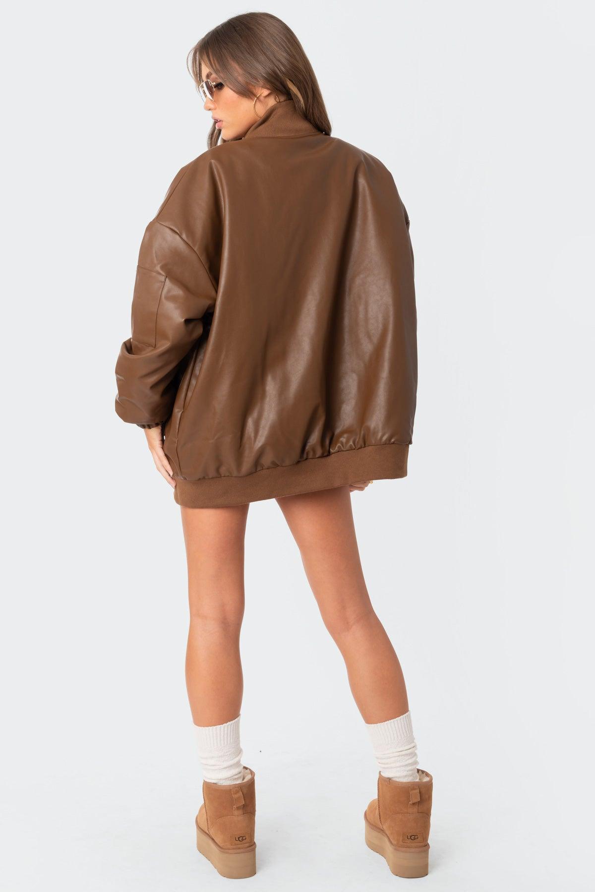 Faux Leather Oversized Bomber Jacket Product Image