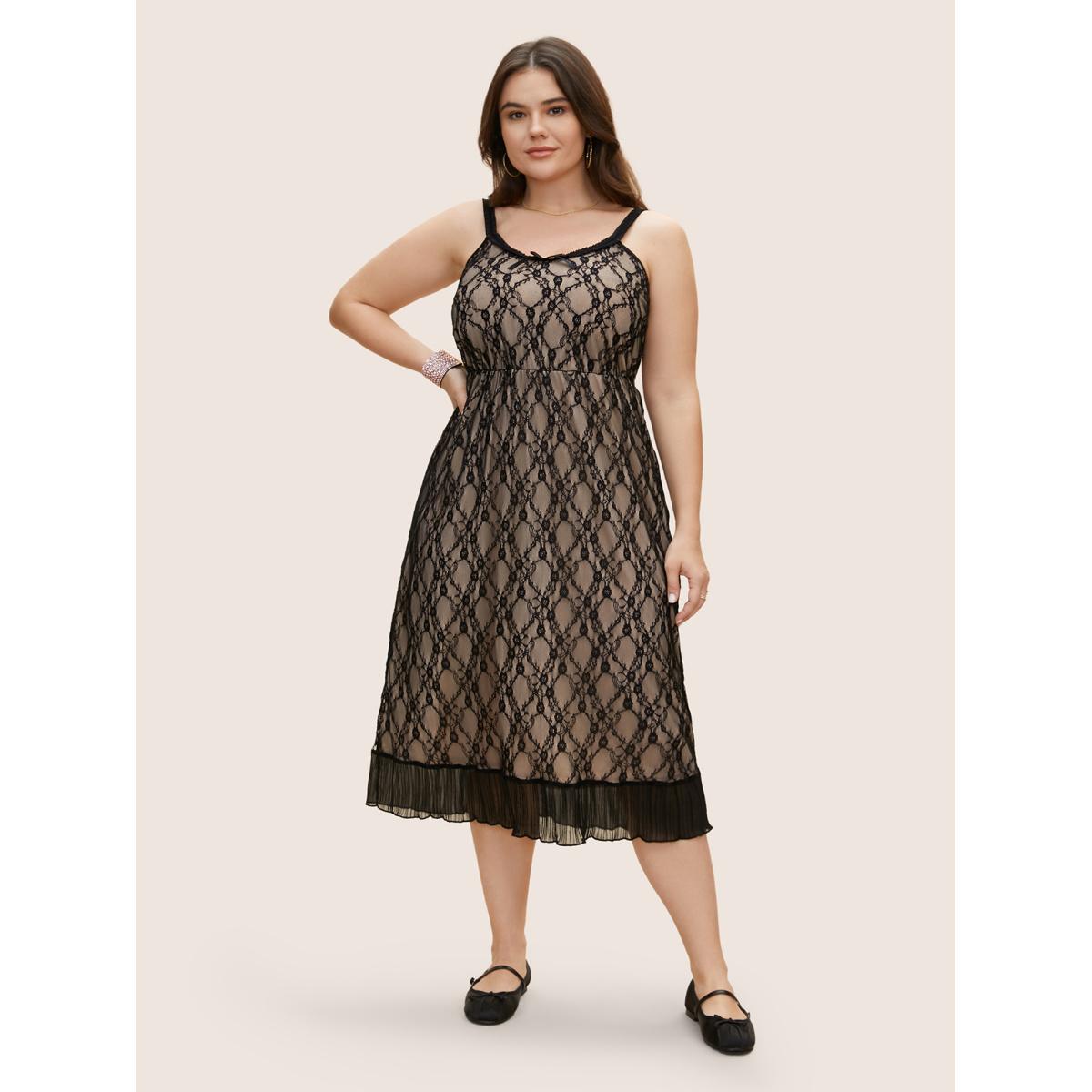 Plus Size Crochet Lace Mesh Bowknot Midi Dress Black Women Cocktail Woven ribbon&lace trim Non Sleeveless Curvy BloomChic 14-16/1X Product Image