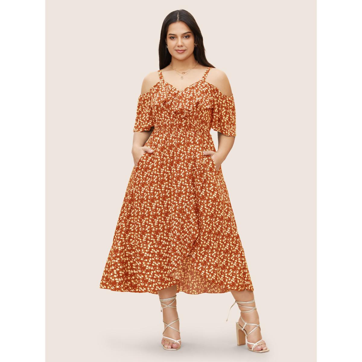 Plus Size Ditsy Floral Pocket Wrap Cold Shoulder Ruffle Dress OrangeRed Women Elegant Non Overlap Collar Short sleeve Curvy Midi Dress BloomChic 28/5X Product Image