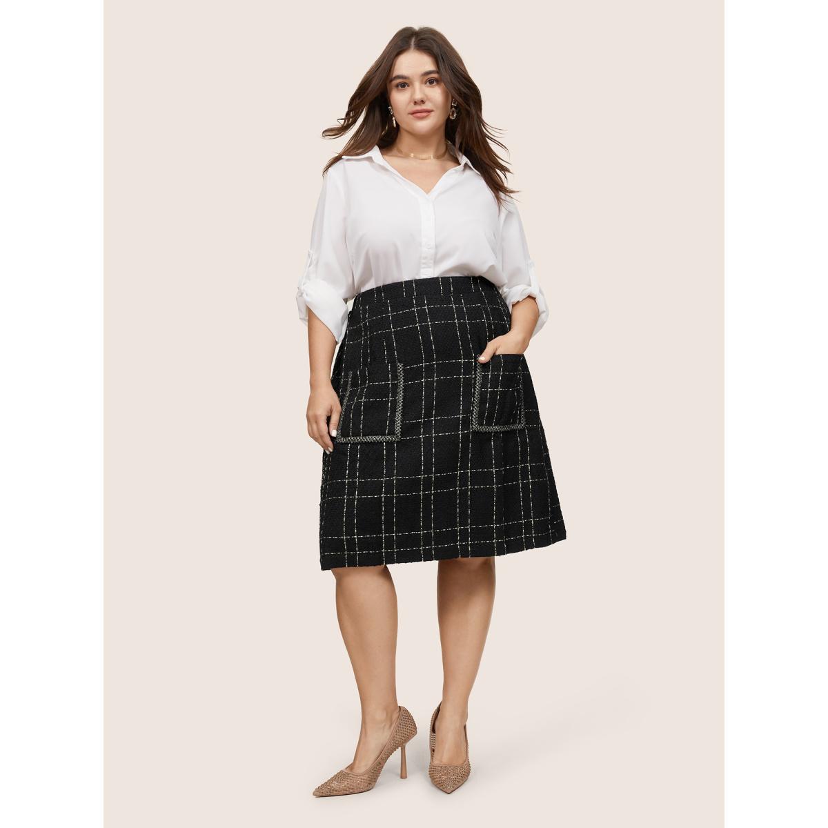 Plus Size Plaid Patched Pocket Stitch Skirt Women Black Glamour Stitch No stretch Pocket Going out Skirts BloomChic 22-24/3X Product Image